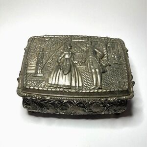 Vintage Japan Ornate Silver Tone Jewelry Trinket Box Victorian Courting Velvet